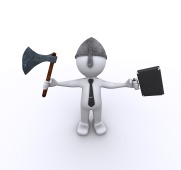 Aggressive corporate worker with axe and case